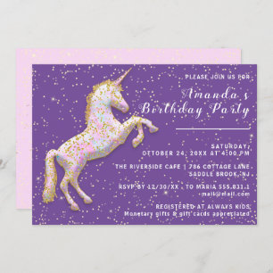 Gold Pink Unicorn Horse Birthday Confetti Purple Invitation