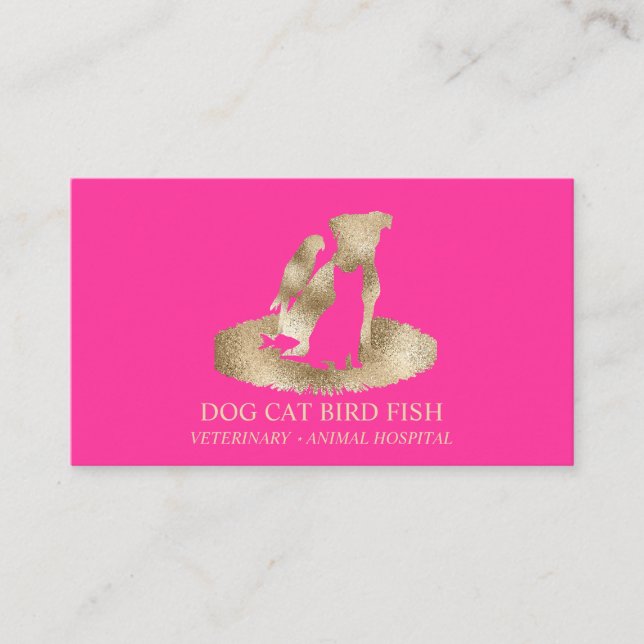Gold Pink Veterinarian Animal Hospital Pet Sitting Business Card (Front)