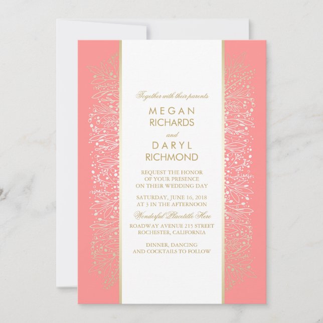 Gold Pink Vintage Floral - Botanical Wedding Invitation (Front)