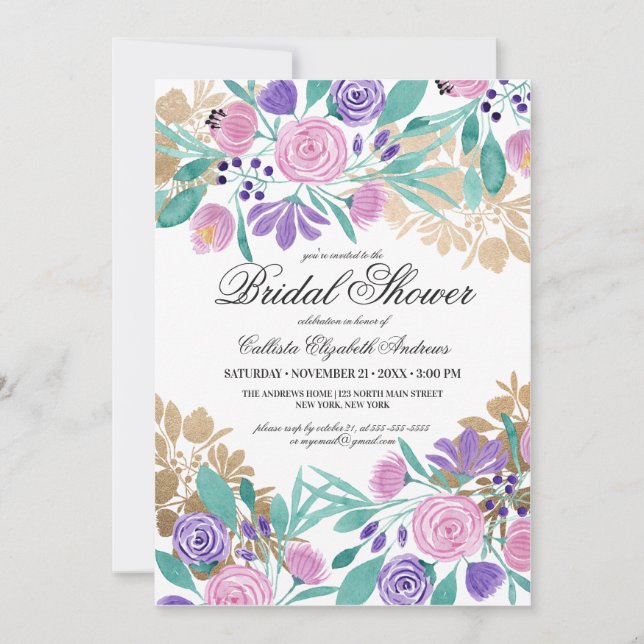 Gold Pink Violet Floral Watercolor Bridal Shower Invitation (Front)