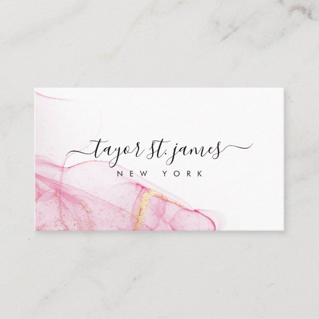 Gold Pink Watercolor Calligraphy Painting Splatter Business Card (Front)