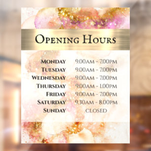 Gold Pink Watercolor Faux Foil Opening Hours Window Cling