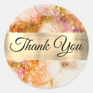 Gold Pink Watercolor Faux Foil Thank You Classic Round Sticker