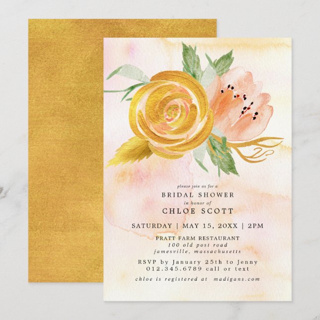 Gold Pink Watercolor Floral Bridal Shower Invitation (Front/Back)