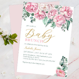 Gold Pink Watercolor Peony Eucalyptus Baby Shower Invitation