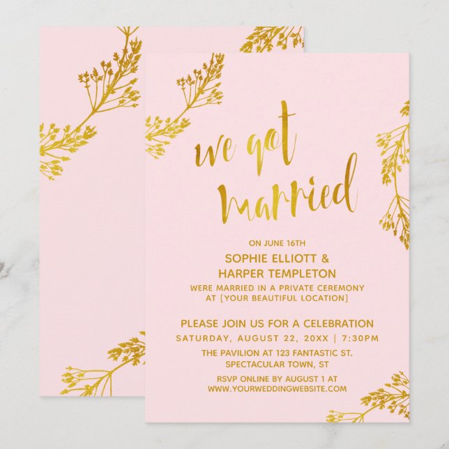 Gold & Pink We Got Married Post Wedding Party Invitation (Front/Back)