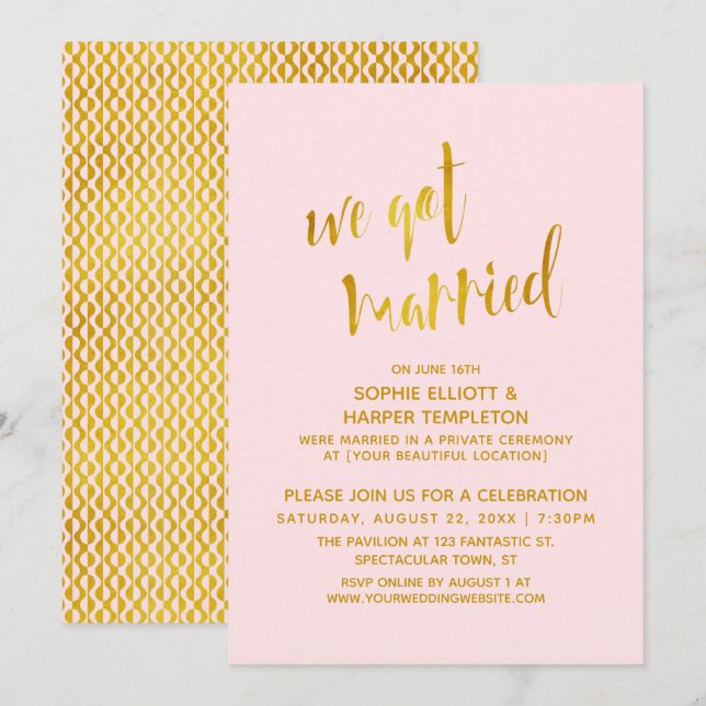 Gold & Pink We Got Married Typography Celebration Invitation (Front/Back)