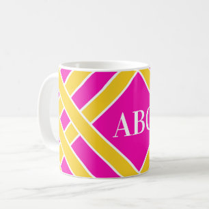 Gold/pink/white bands, stripes, customise initials coffee mug