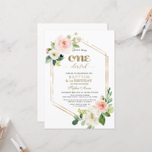 Gold Pink White Flowers First Birthday & Baptism Invitation