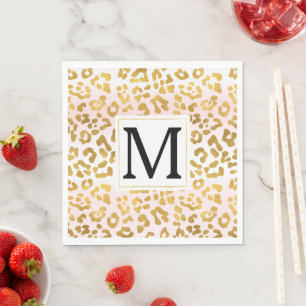 Gold Pink White Leopard Print Monogram Napkin