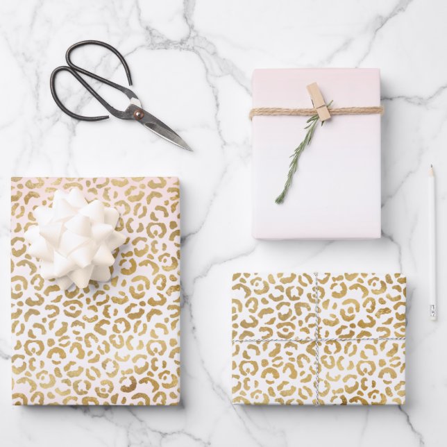 Gold Pink White Leopard Print        Wrapping Paper Sheet (Front)