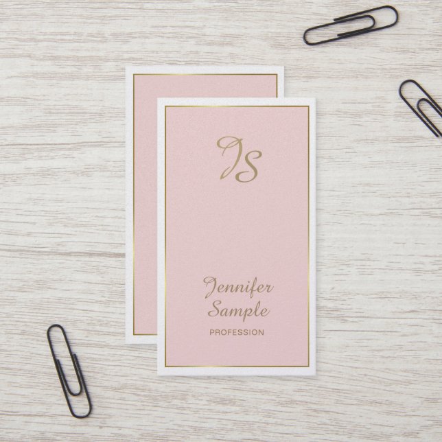 Gold Pink White Modern Monogram Trendy Luxury Business Card (Front/Back In Situ)