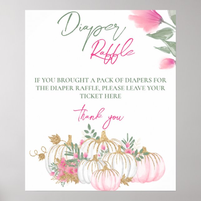 Gold Pink White Pumpkin Baby Diaper Raffle Game Poster (Front)