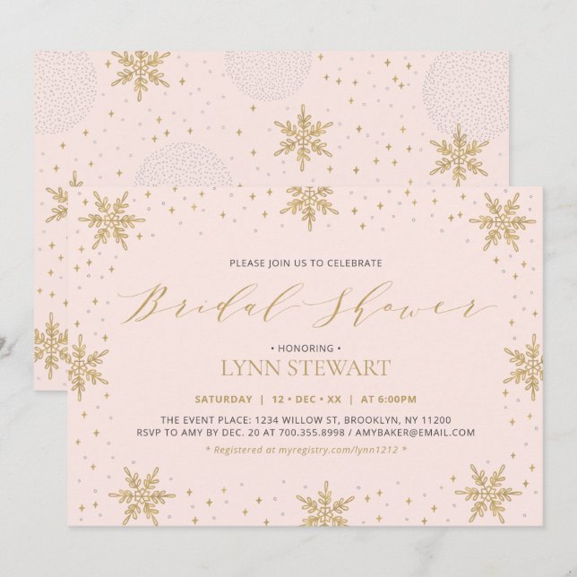 Gold & Pink Winter Snowflake Wedding Bridal Shower Invitation (Front/Back)