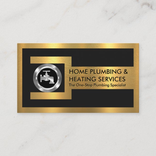 Gold Pipe Wrench On Silver Steel Faucet Nut Business Card (Front)