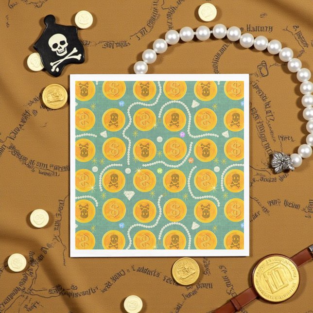 Gold Pirate Coins and Pearls Pattern Napkin (Golden pirate coins and pearls napkin, perfect for kids’ pirate parties and treasure themes.)