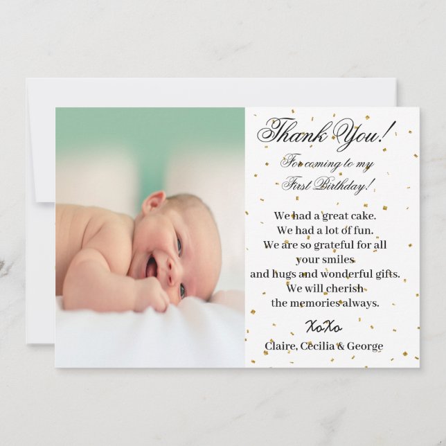Gold Pisces 1st Birthday & Big Photo Thank You Card (Back)