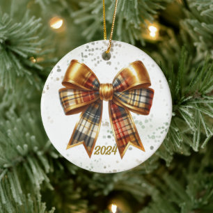 Gold Plaid Holiday Bow Year Accent Ceramic Tree Decoration