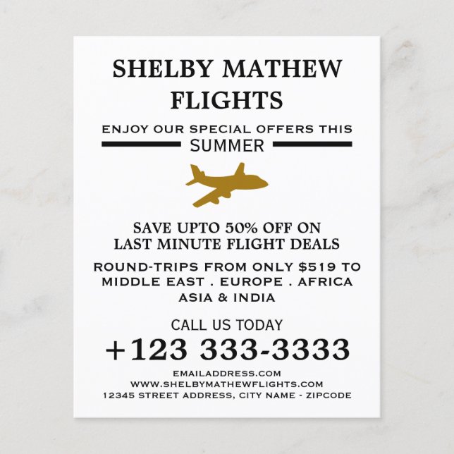 Gold Plane Icon, Airline Advertising Flyer (Front)