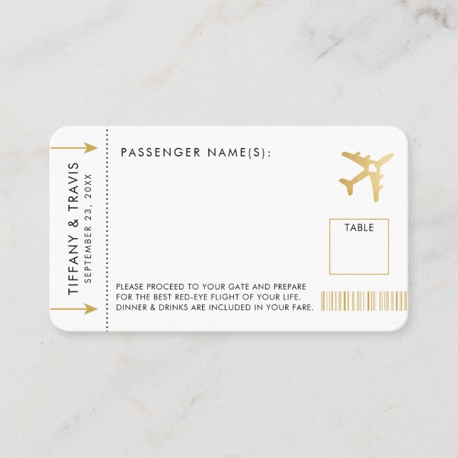 Gold Plane Ticket Boarding Pass Place Escort Card (Front)