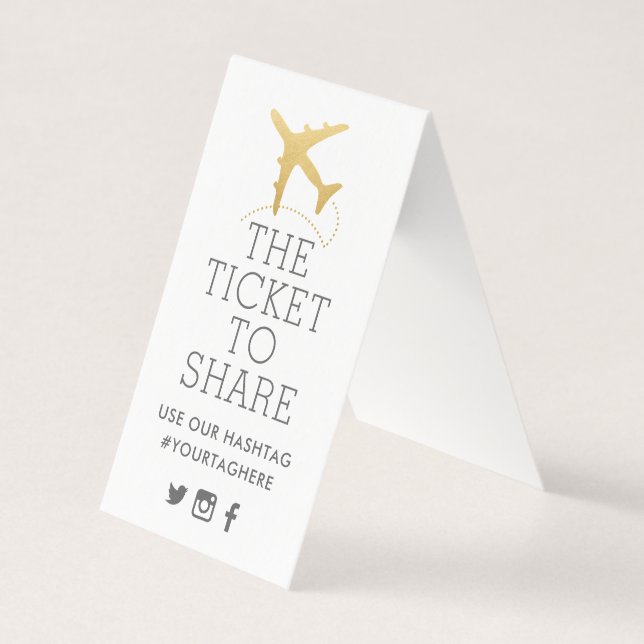 Gold Plane Travel Theme Party Hashtag Sign Card (Front)