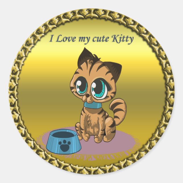 Gold playful fluffy cute kitten with cat eyes classic round sticker (Front)