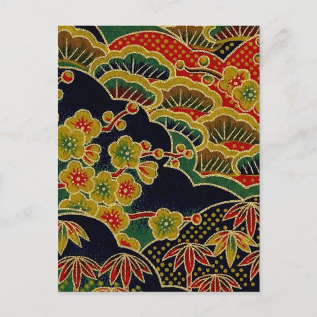 gold plum flower pattern japanese kimono textile postcard (Front)