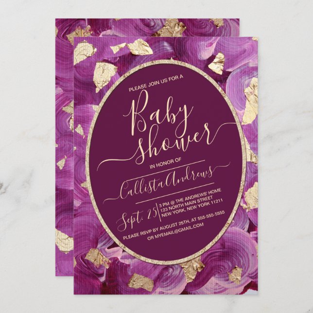 Gold Plum Lilac Acrylic Brushstroke Baby Shower Invitation (Front/Back)
