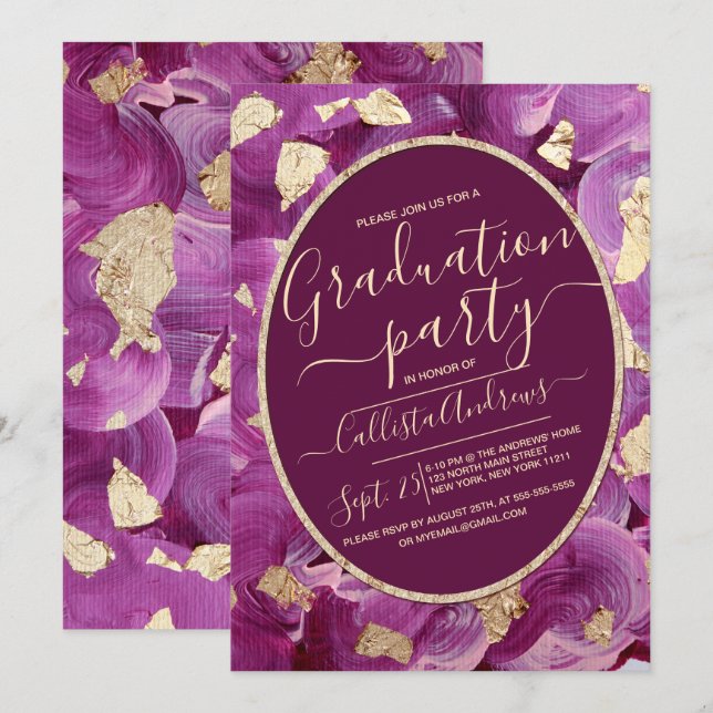 Gold Plum Lilac Acrylic Brushstroke Graduation Invitation (Front/Back)