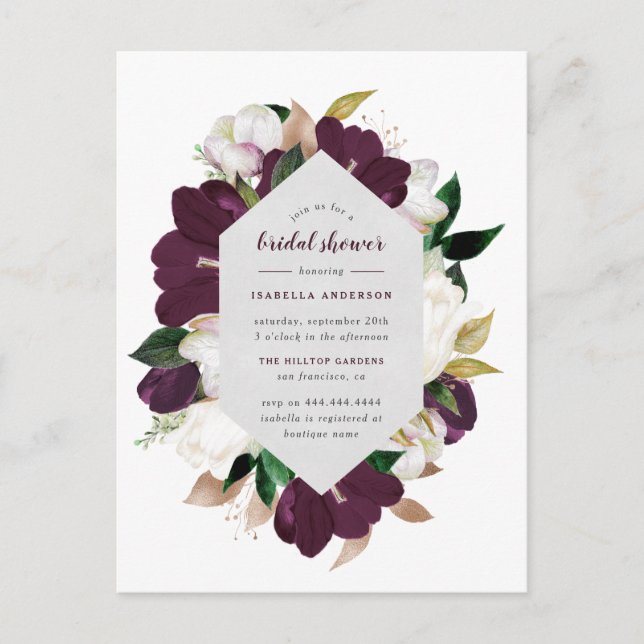 Gold & Plum Purple Floral Bridal Shower Invitation Postcard (Front)