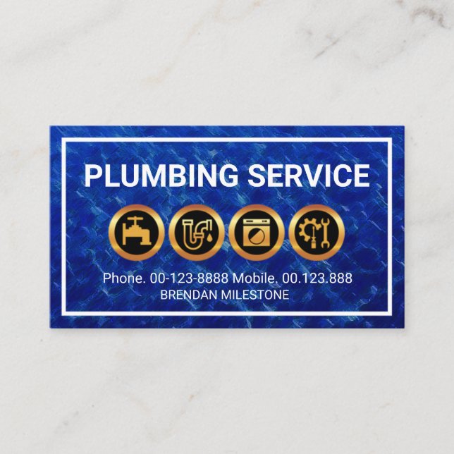 Gold Plumbing Icons Frame Flood Waters Plumber Business Card (Front)