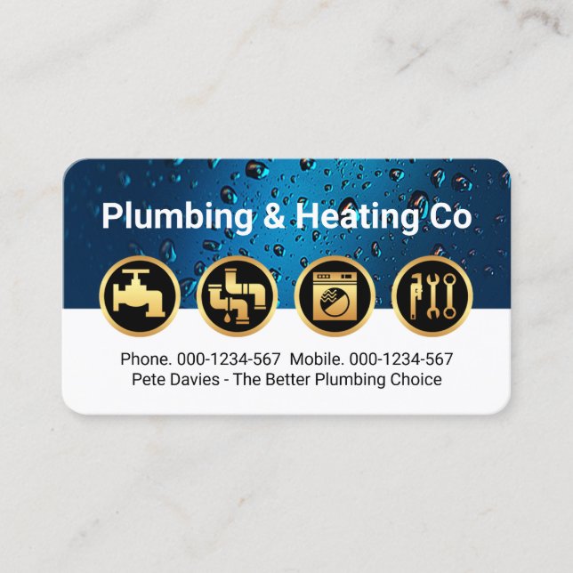 Gold Plumbing Icons on Waterdrop Layer Business Card (Front)