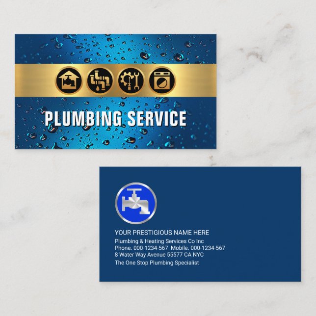 Gold Plumbing Stripe On Blue Water Drops Business Card (Front/Back)