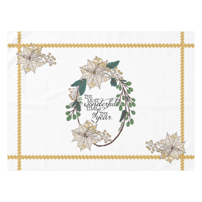 Gold Poinsettia Most Wonderful Time Tablecloth (Front (Horizontal))