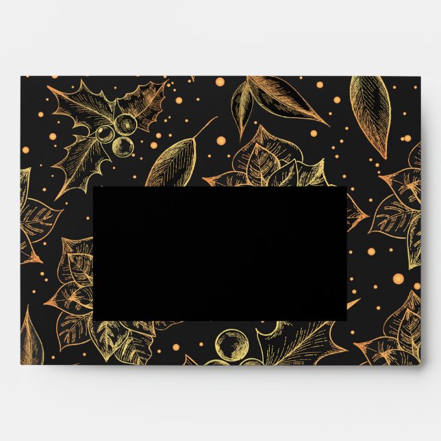 Gold Poinsettias and Holly Black Christmas Envelope (Front)