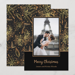Gold Poinsettias Black Christmas Photo Holiday Card
