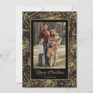 Gold Poinsettias Black Christmas Photo Holiday Card