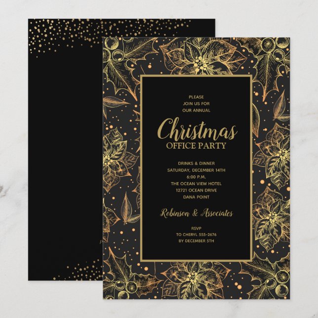 Gold Poinsettias Floral Christmas Invitations (Front/Back)