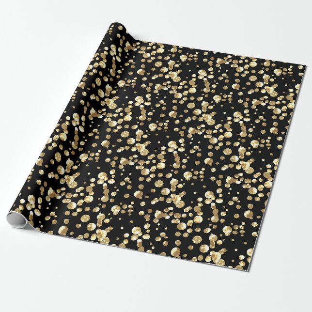 Gold polka dot, black and gold, glitter, confetti wrapping paper (Unrolled)