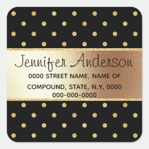 Gold polka dot black pattern chic return address square sticker