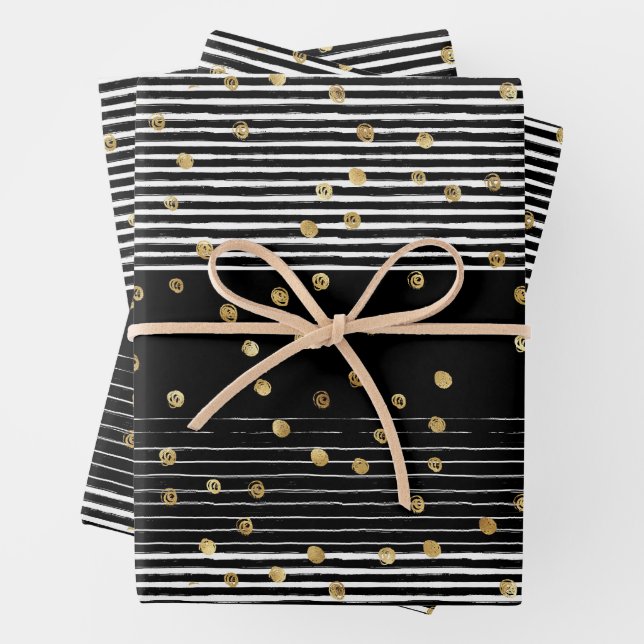 Gold Polka Dot Black White Abstract Wrapping Paper Sheet (In situ)
