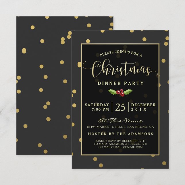 Gold Polka Dot Confetti Christmas Party Invite (Front/Back)