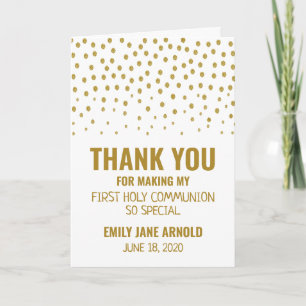 Gold Polka Dot, First Communion Thank You Card