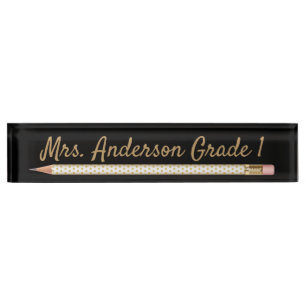 Gold Polka Dot Pencil Personalise Desk Name Plate