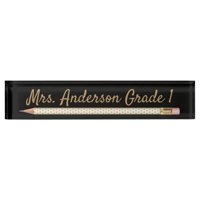 Gold Polka Dot Pencil Personalise Desk Name Plate (Front)