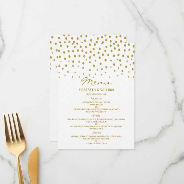 Gold Polka Dot - White & Gold - Wedding Menu (Front/Back In Situ)