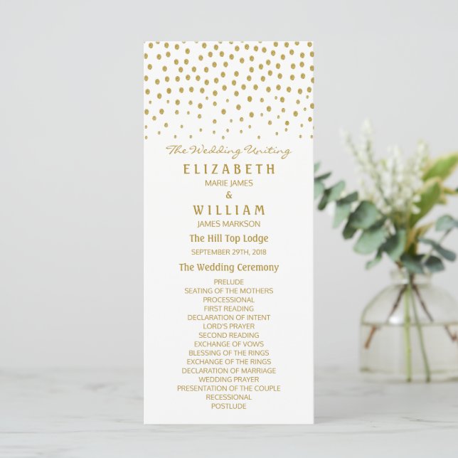 Gold Polka Dot - White & Gold - Wedding Programme (Standing Front)