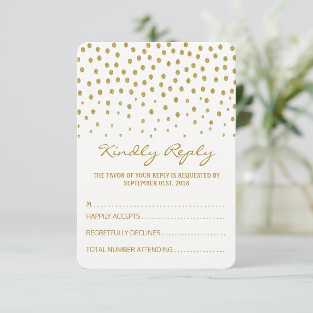 Gold Polka Dot - White & Gold - Wedding RSVP Card (Standing Front)