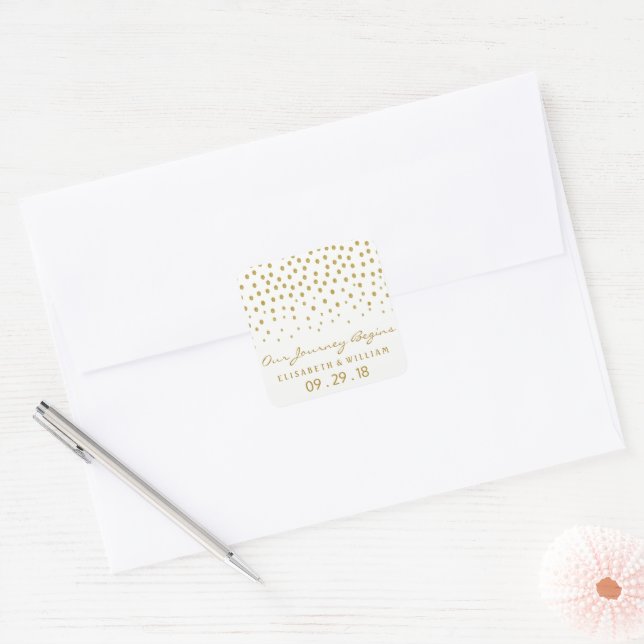 Gold Polka Dot - White & Gold - Wedding Square Sticker (Envelope)