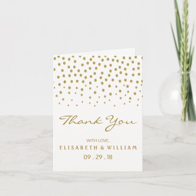 Gold Polka Dot - White & Gold - Wedding Thank You Card (Front)